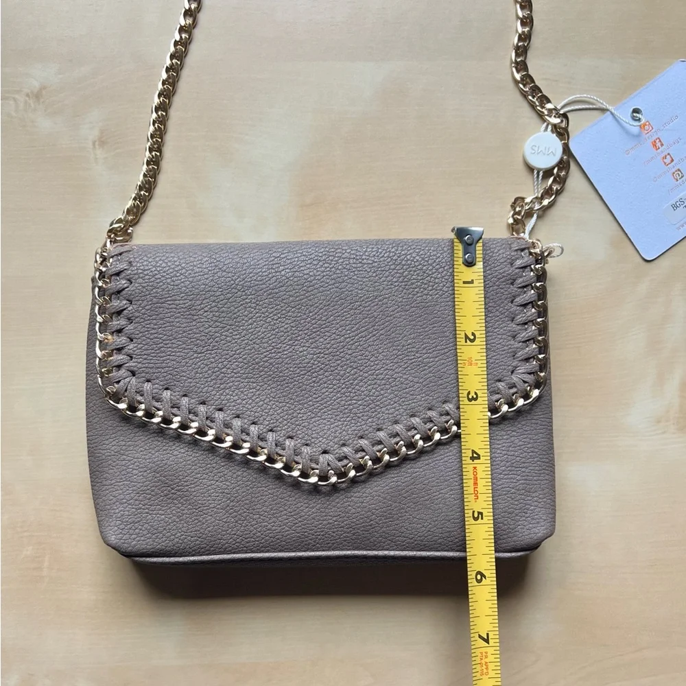 MMS Design Studio Taupe Crossbody Bag with Gold-Tone Chain & Whipstitch Trim - Picture 6 of 10